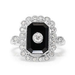 18ct White Gold Onyx and Diamond Vintage Style Ring