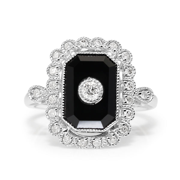 18ct White Gold Onyx and Diamond Vintage Style Ring