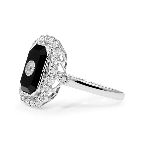 18ct White Gold Onyx and Diamond Vintage Style Ring