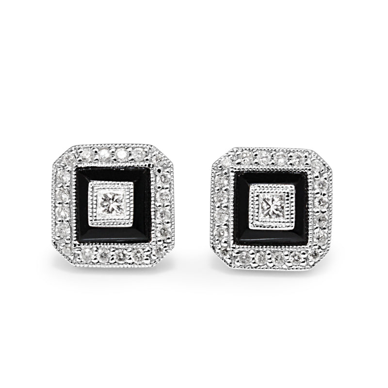 14ct White Gold Onyx and Diamond Stud Earrings