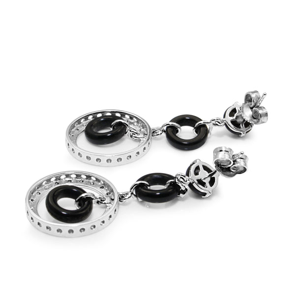 18ct White Gold Onyx and Diamond Drop Earrings