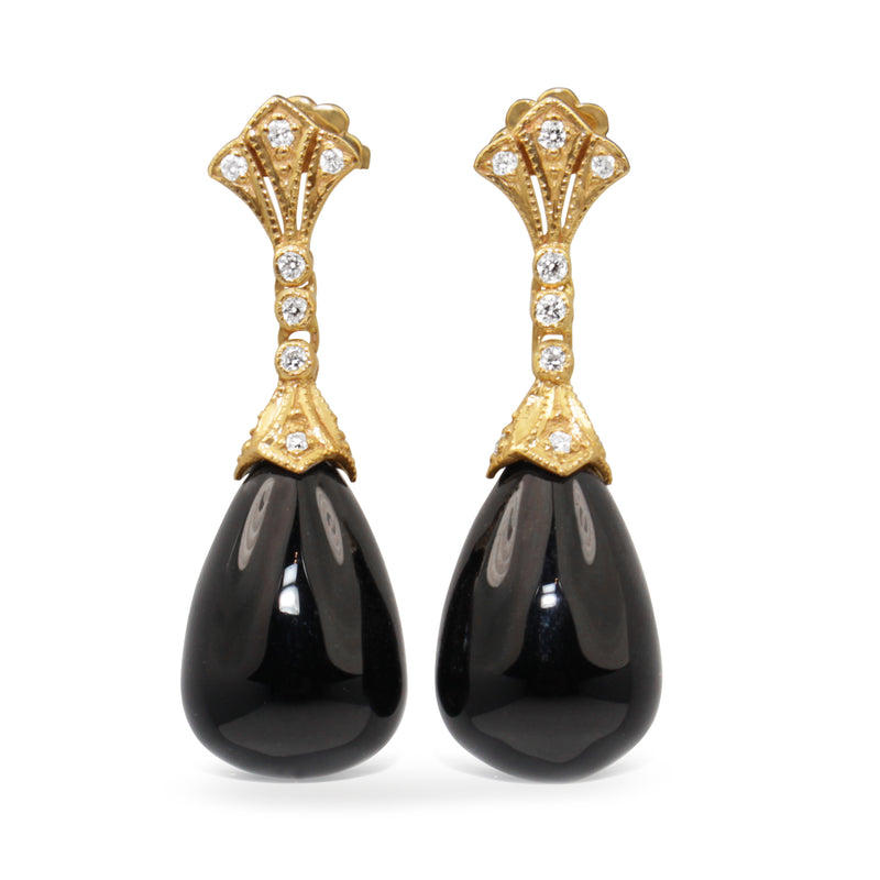 9ct Yellow Gold Onyx and Diamond Deco Style Earrings