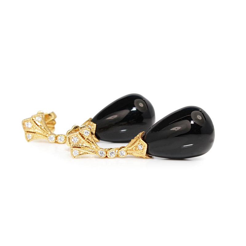 9ct Yellow Gold Onyx and Diamond Deco Style Earrings