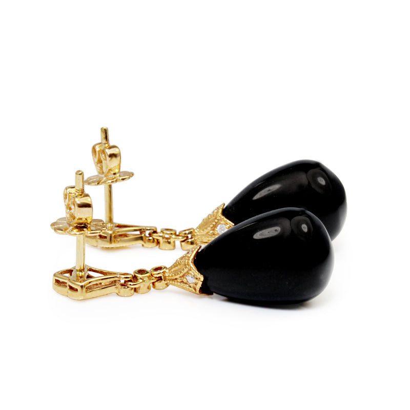 9ct Yellow Gold Onyx and Diamond Deco Style Earrings