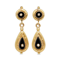 14ct Yellow Gold Art Deco Onyx and Pearl Drop Earrings