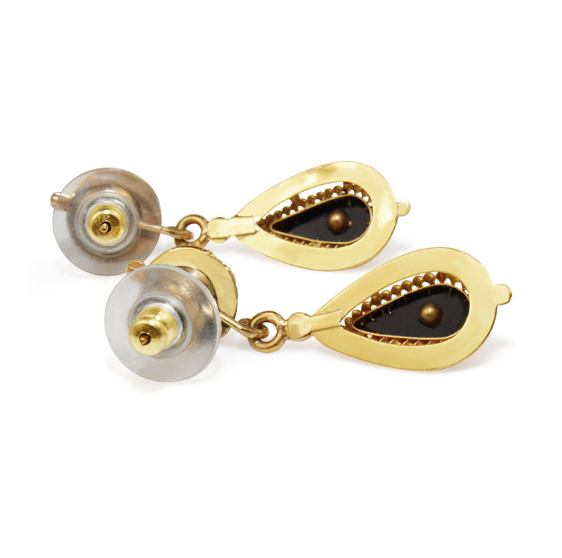 14ct Yellow Gold Art Deco Onyx and Pearl Drop Earrings