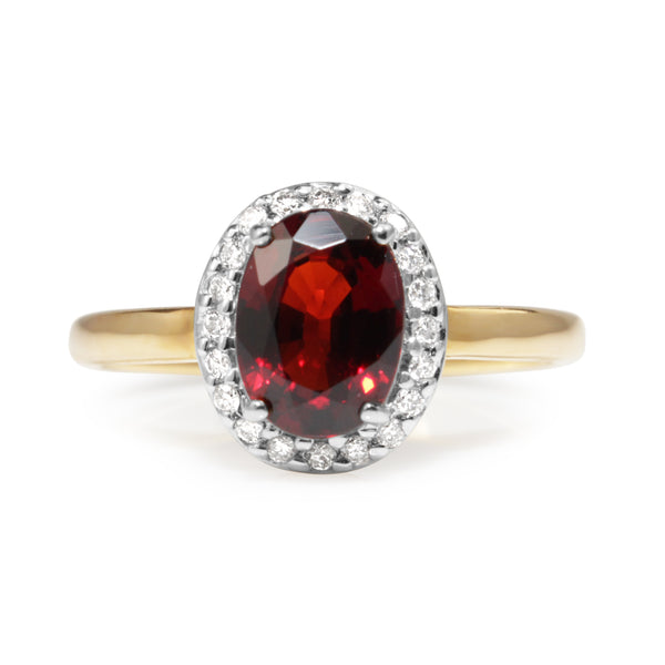 9ct Yellow and White Gold Garnet and Diamond Halo Ring