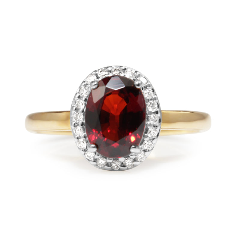 9ct Yellow and White Gold Garnet and Diamond Halo Ring