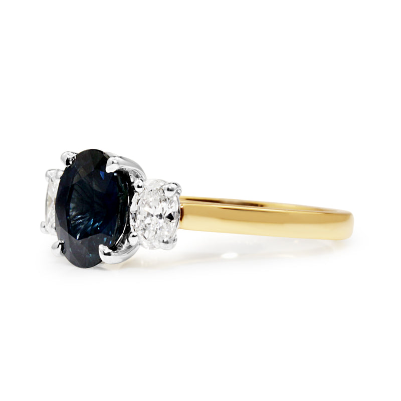 18ct Yellow and White Gold Sapphire and Diamond Oval 3 Stone Ring