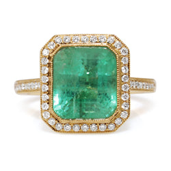 18ct Yellow Gold Emerald and Diamond Halo Ring