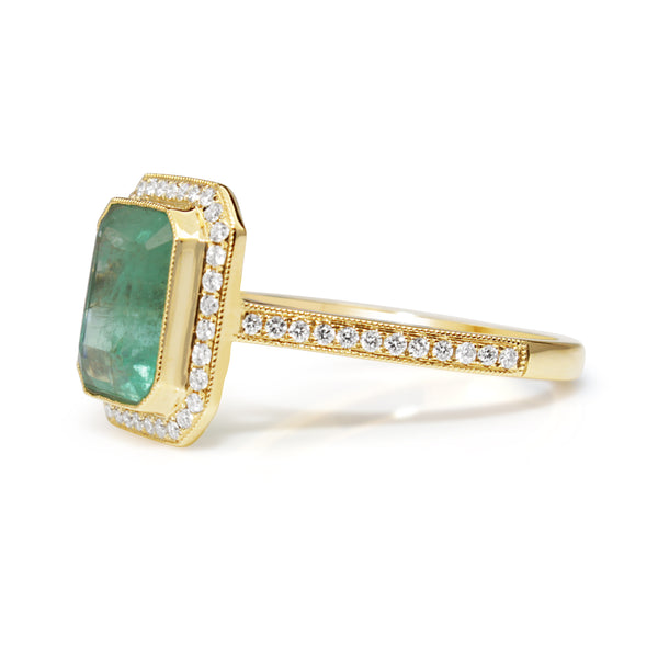 18ct Yellow Gold Emerald and Diamond Halo Ring