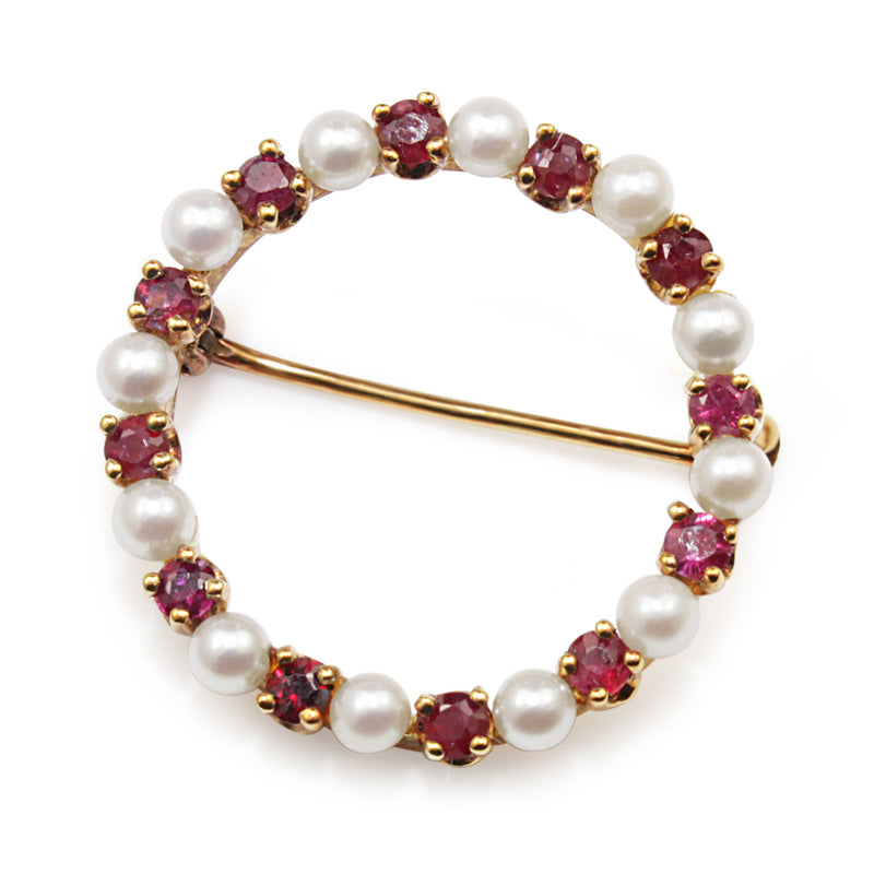 14ct Yellow Gold Ruby and Pearl Wreath Brooch