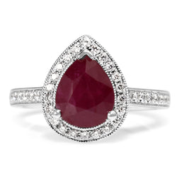 18ct White Gold Ruby and Diamond Pear Halo Ring