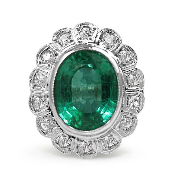 Platinum Art Deco Old Cut Diamond and Emerald Cluster Ring