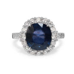 18ct White Gold Cushion Sapphire and Diamond Halo Ring