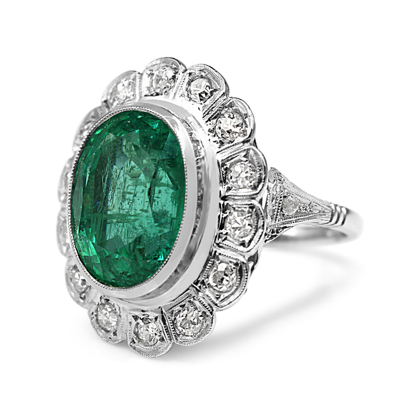 Platinum Art Deco Old Cut Diamond and Emerald Cluster Ring