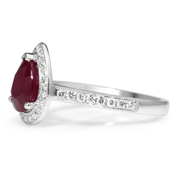 18ct White Gold Ruby and Diamond Pear Halo Ring