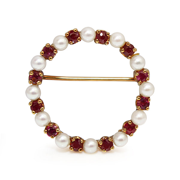 14ct Yellow Gold Ruby and Pearl Wreath Brooch