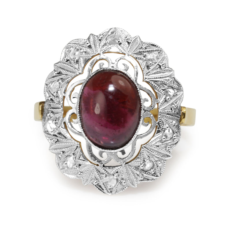 18ct Yellow and White Gold Art Deco Garnet and Rose Cut Diamond Ring