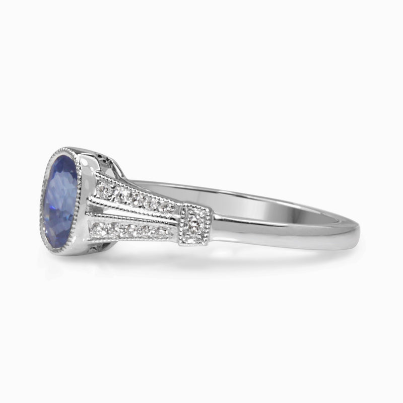 18ct White Gold Vintage Style Sapphire and Diamond Ring