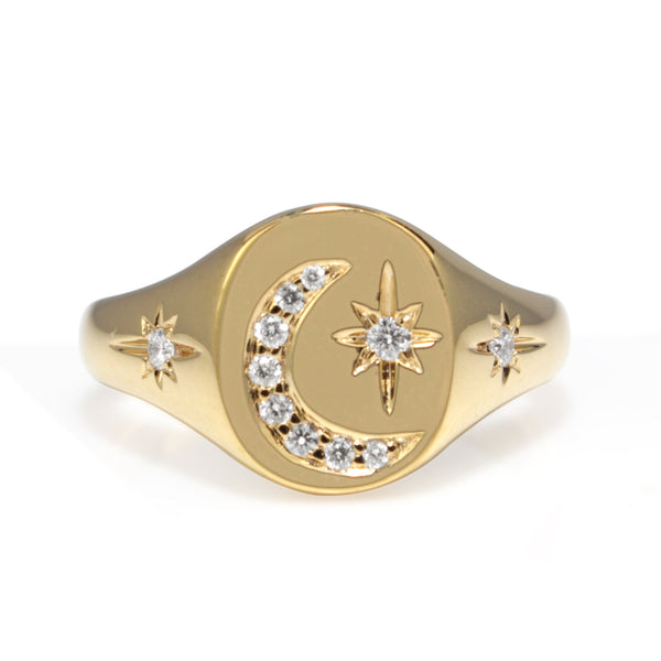 18ct Yellow Gold Diamond Moon and Stars Signet Ring