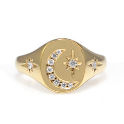 9ct Yellow Gold Diamond Moon and Stars Signet Ring