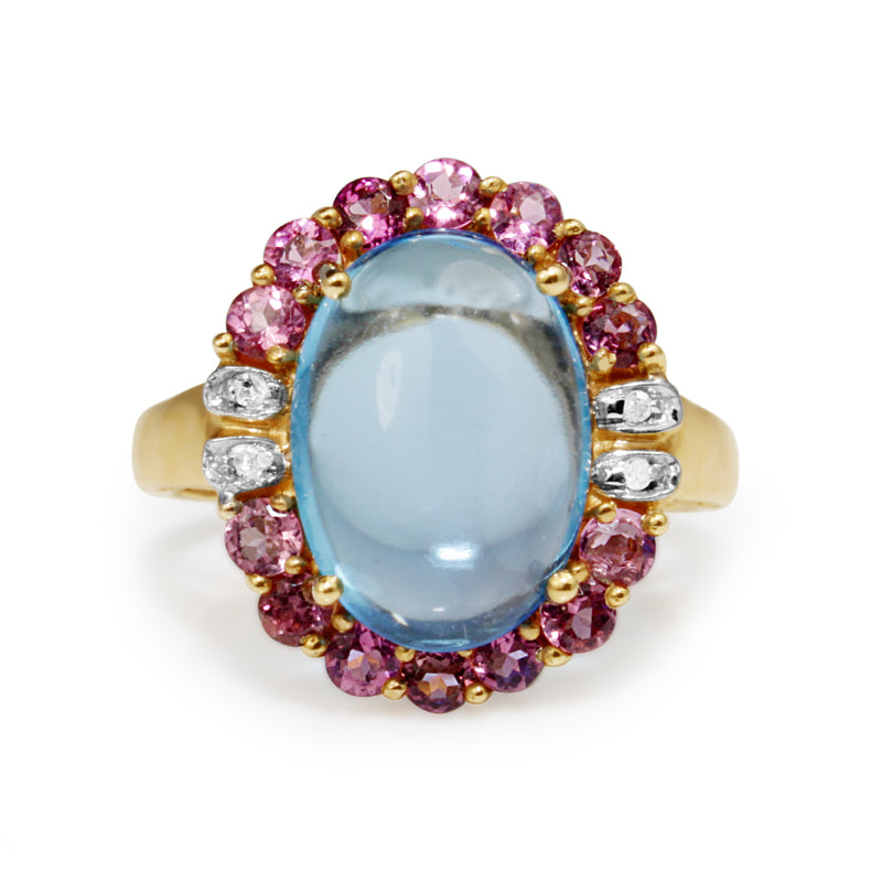 14ct Yellow Gold Vintage Cabochon Topaz, Amethyst and Diamond Ring