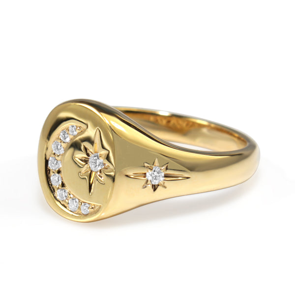 9ct Yellow Gold Diamond Moon and Stars Signet Ring