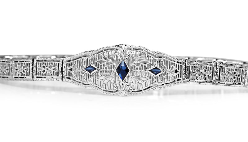 10ct White Gold Art Deco Synthetic Sapphire Filigree Bracelet