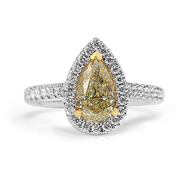 18ct Yellow and White Gold Yellow Pear Diamond Halo Ring