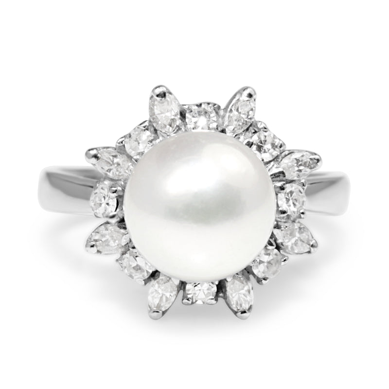 18ct White Gold Cultured Pearl and Diamond Ring