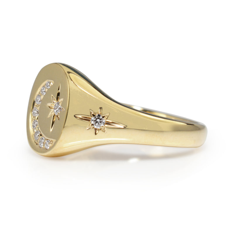 9ct Yellow Gold Diamond Moon and Stars Signet Ring