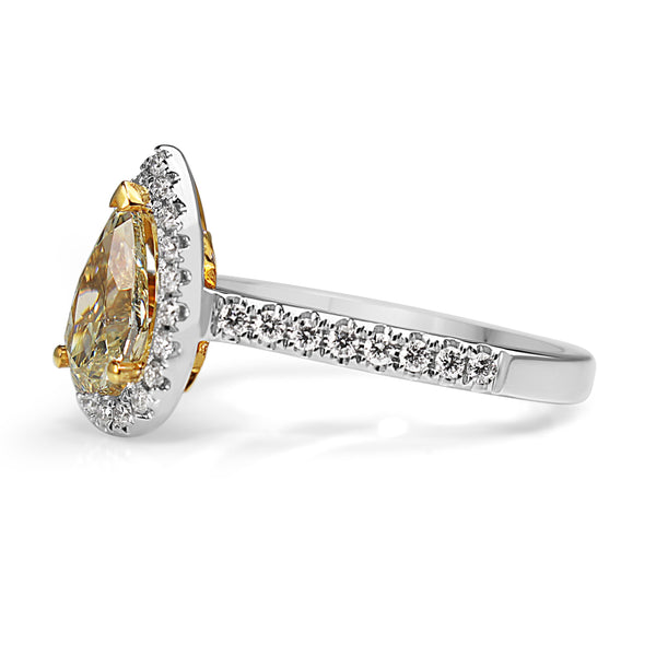 18ct Yellow and White Gold Yellow Pear Diamond Halo Ring