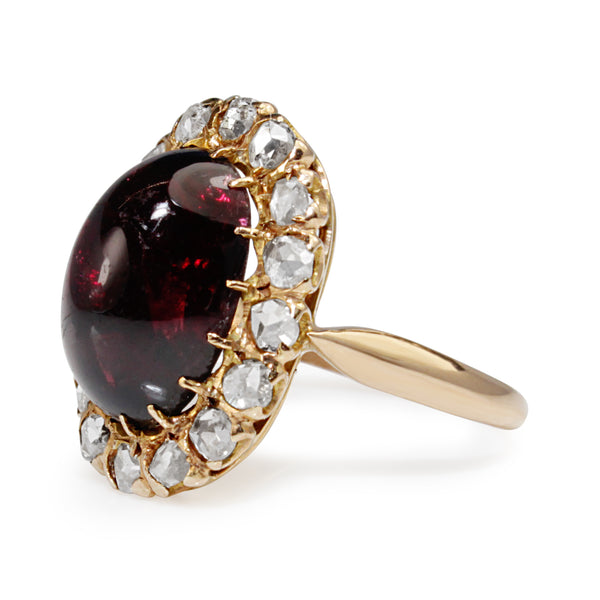 18ct Yellow Gold Antique Cabochon Garnet and Rose Cut Diamond Ring