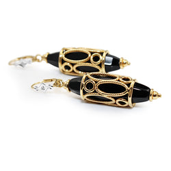 14ct Yellow Gold Vintage Onyx and Diamond Drop Earrings