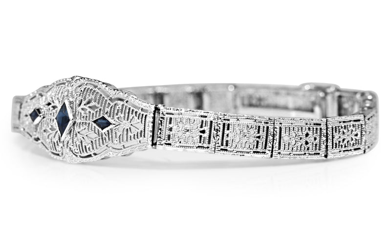 10ct White Gold Art Deco Synthetic Sapphire Filigree Bracelet