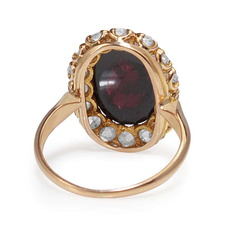 18ct Yellow Gold Antique Cabochon Garnet and Rose Cut Diamond Ring