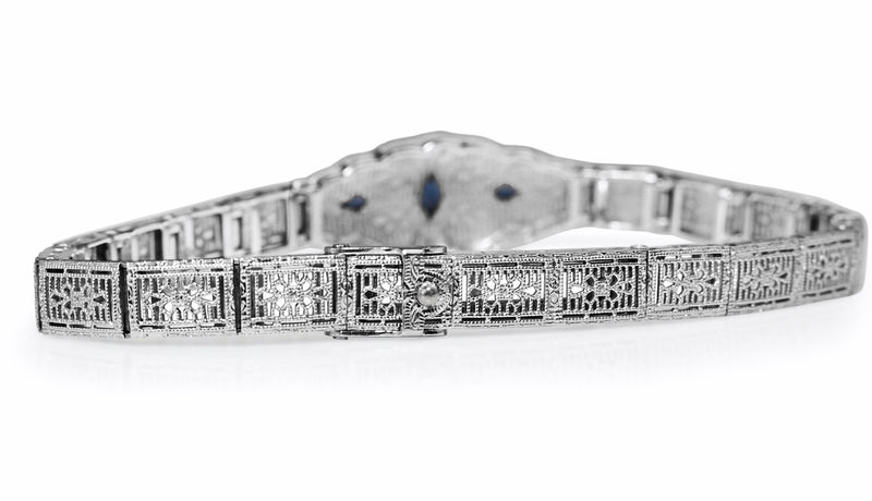 10ct White Gold Art Deco Synthetic Sapphire Filigree Bracelet
