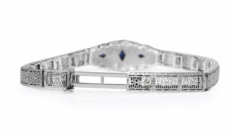 10ct White Gold Art Deco Synthetic Sapphire Filigree Bracelet