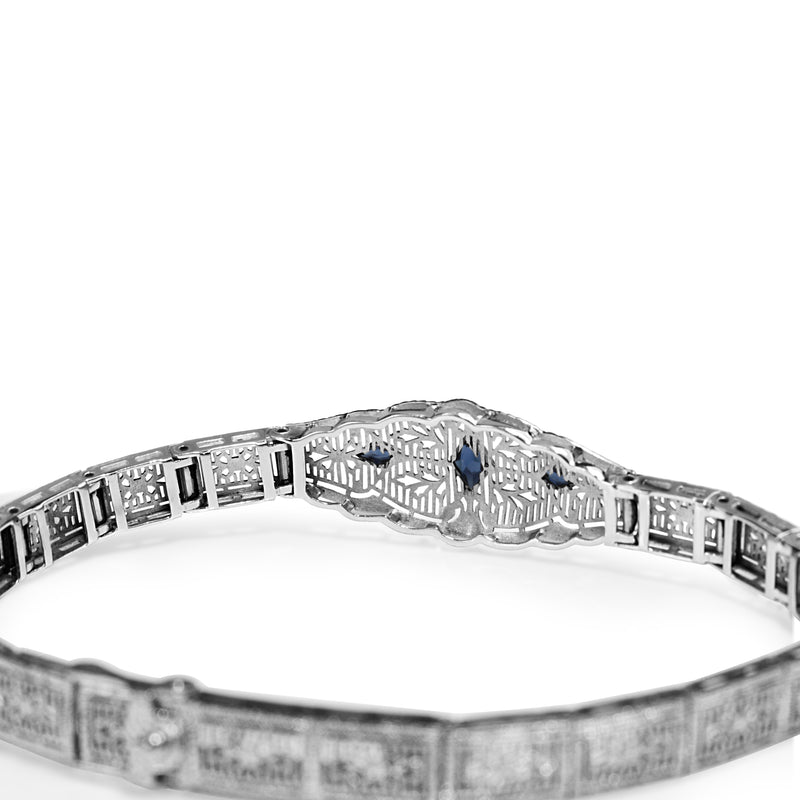 10ct White Gold Art Deco Synthetic Sapphire Filigree Bracelet