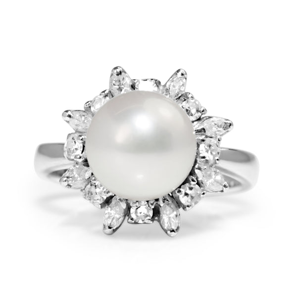 18ct White Gold Cultured Pearl and Diamond Ring