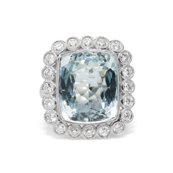 18ct White Gold Vintage Style Aquamarine and Diamond Halo Ring