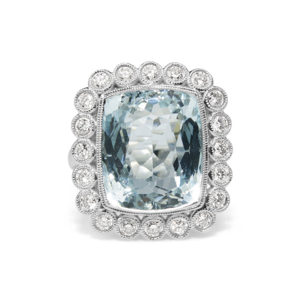 18ct White Gold Vintage Style Aquamarine and Diamond Halo Ring