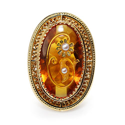 14ct Yellow Gold Amber and Pearl Large Cocktail Ring