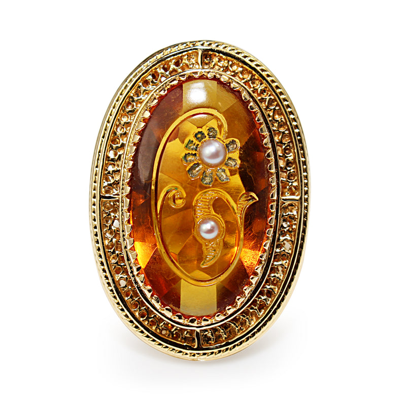 14ct Yellow Gold Amber and Pearl Large Cocktail Ring