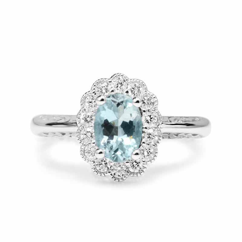 9ct White Gold Aquamarine and Diamond Daisy Ring