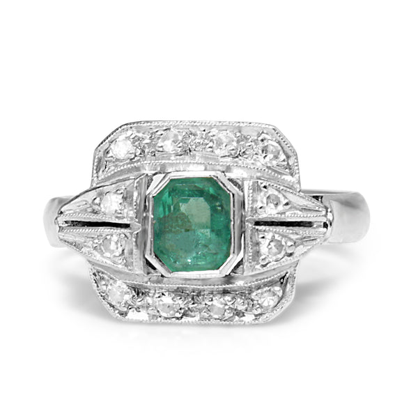 Palladium Art Deco Emerald and Single Cut Diamond Ring