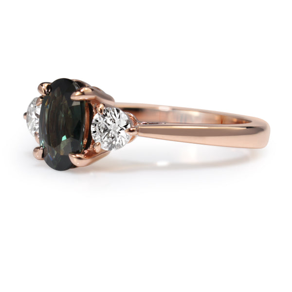 18ct Rose Gold Green / Blue Sapphire and Diamond 3 Stone Ring