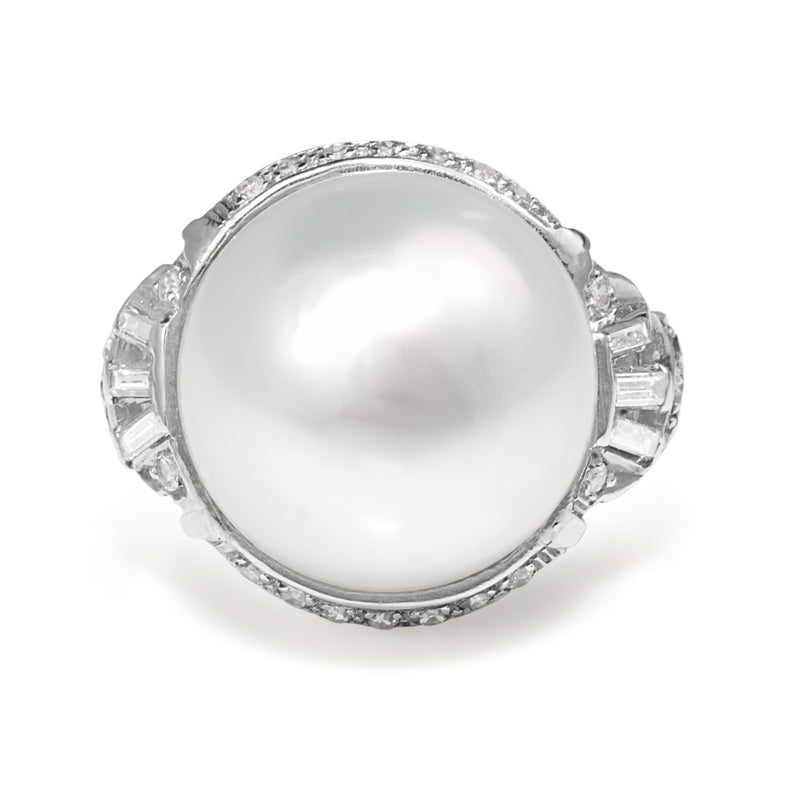 Platinum Vintage South Sea 14mm Pearl and Diamond Ring