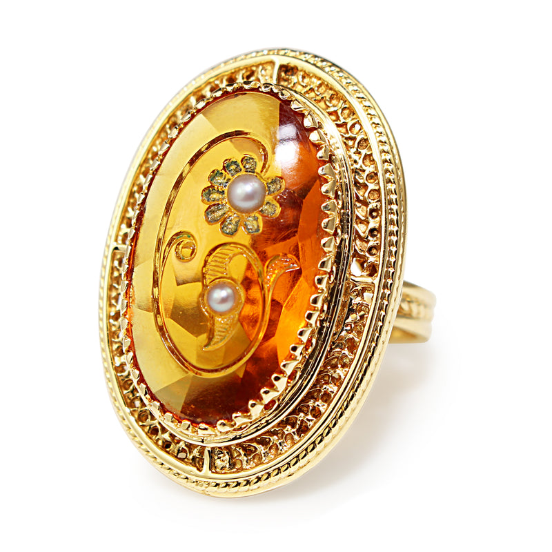 14ct Yellow Gold Amber and Pearl Large Cocktail Ring